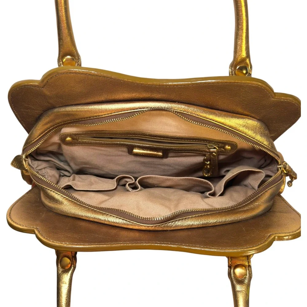 Isabella Fiore Satchel Gold Red Metallic Leather Velvet Damask Boho Handbag